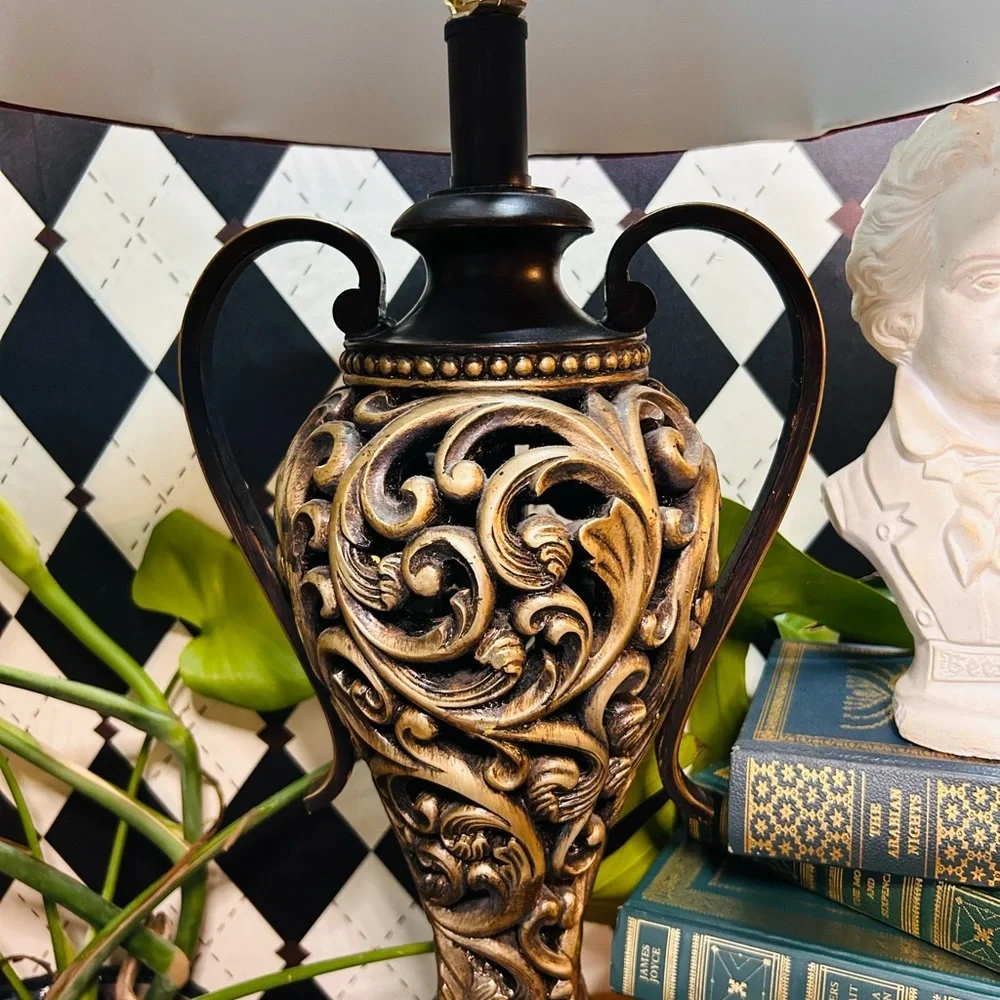 Luxury‎ Vintage Black & Gold Table Lamp with Deep Burgundy Shade Baroque Moody